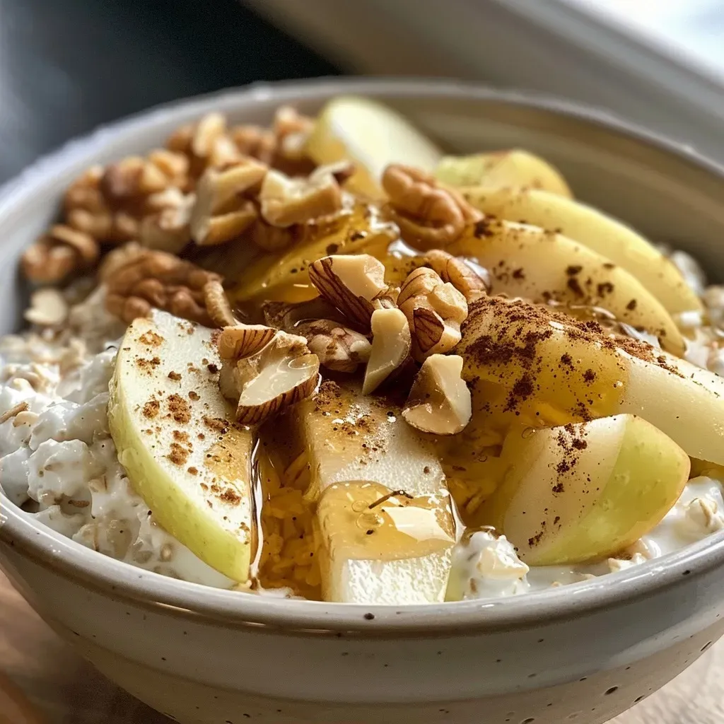 ['Close-up view of a healthy breakfast bowl filled with cottage cheese, diced apple, and a sprinkle of cinnamon.', 'A vibrant bowl displaying cottage cheese topped with chopped apples, oats, nuts, and cinnamon.', 'Side view of a nutritious breakfast bowl with cottage cheese and fresh apple slices, garnished with nuts.', 'Delicious breakfast bowl featuring cottage cheese and apple, decorated with oats and a hint of cinnamon.']