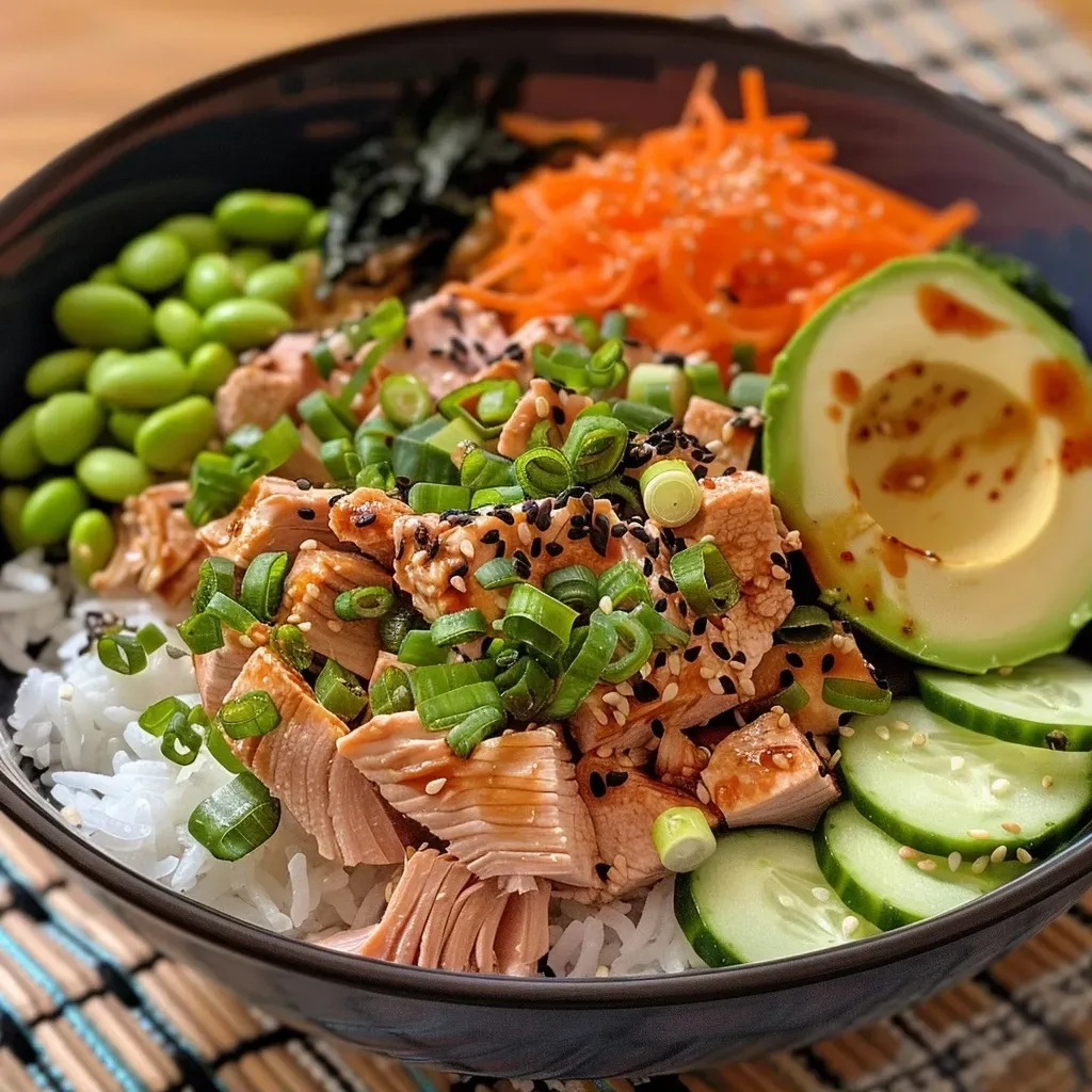 ['Close-up of a colorful Healthy Asian Tuna Bowl featuring tuna, edamame, and avocado.', 'Side view of a vibrant tuna bowl with sliced cucumber, scallions, and sesame seeds.', 'Healthy Asian Tuna Bowl filled with fresh ingredients like avocado and shredded carrot.', 'Bowl of prepared tuna with edamame, surrounded by lettuce and seaweed snacks.']