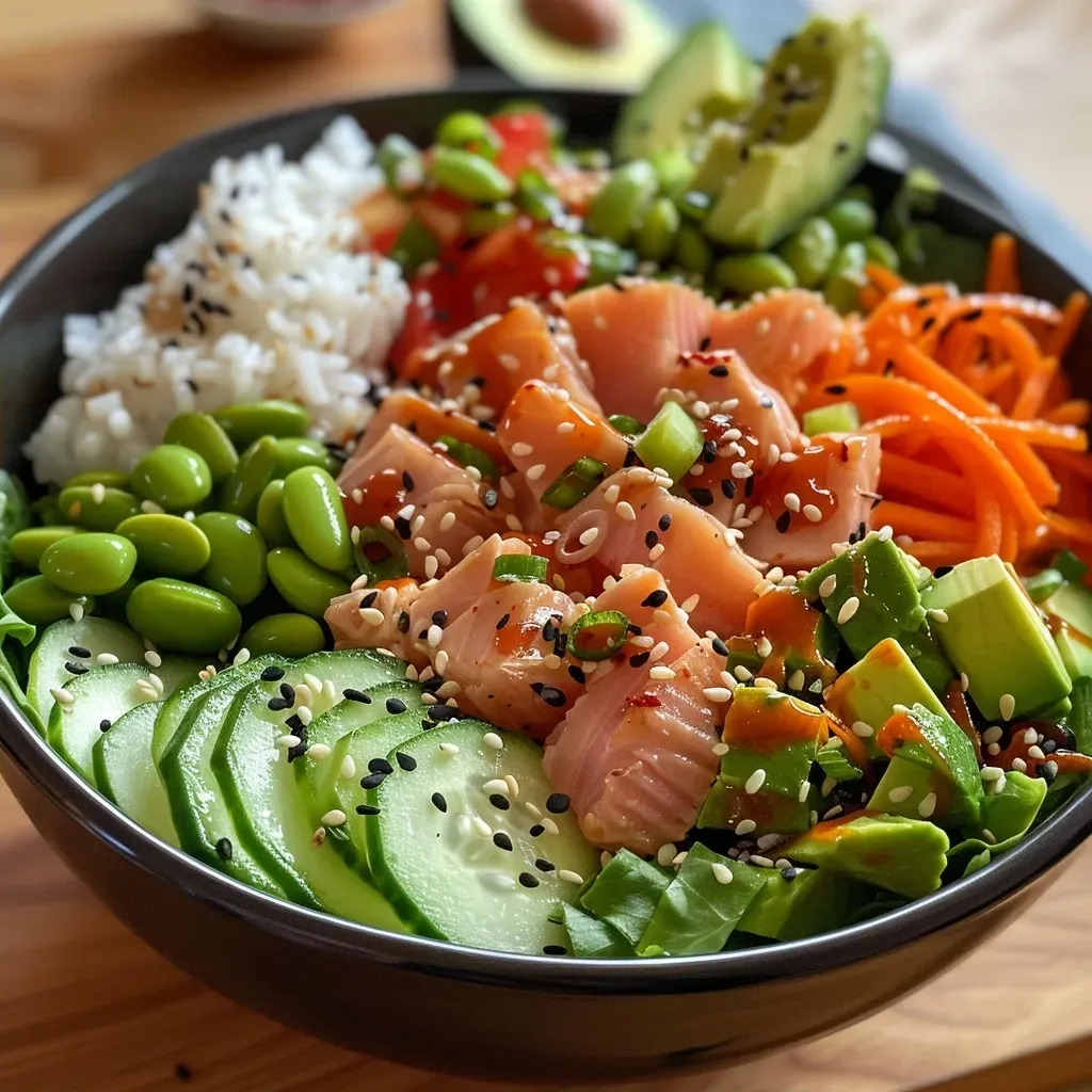 ['Close-up of a colorful Healthy Asian Tuna Bowl featuring tuna, edamame, and avocado.', 'Side view of a vibrant tuna bowl with sliced cucumber, scallions, and sesame seeds.', 'Healthy Asian Tuna Bowl filled with fresh ingredients like avocado and shredded carrot.', 'Bowl of prepared tuna with edamame, surrounded by lettuce and seaweed snacks.']