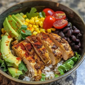 ['A vibrant bowl filled with healthy chicken taco ingredients including rice, beans, corn, and avocado.', 'Close-up shot of a chicken taco bowl showcasing colorful layers of fresh ingredients.', 'Delicious chicken taco bowl featuring cooked rice, grilled chicken, and fresh vegetables.', 'Side view of a healthy chicken taco bowl with various toppings like cherry tomatoes and lettuce.']