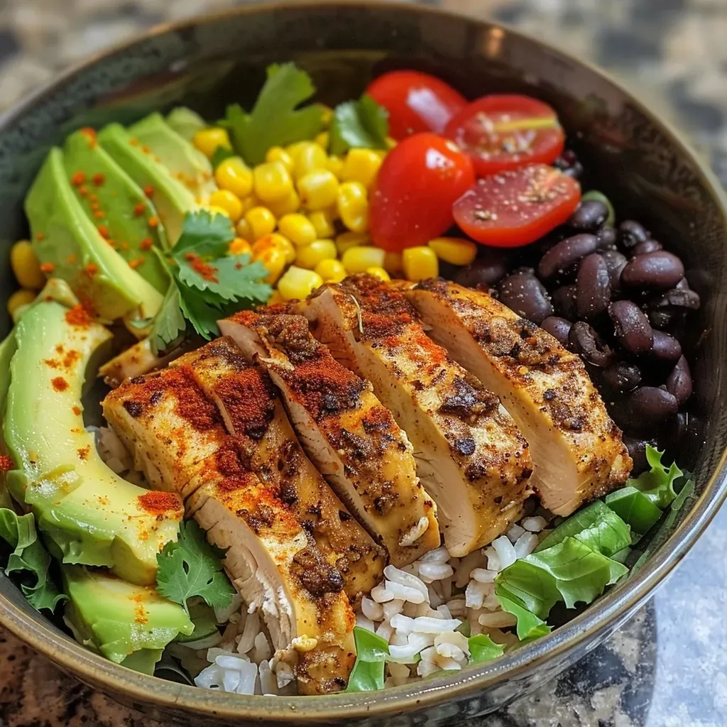 ['A vibrant bowl filled with healthy chicken taco ingredients including rice, beans, corn, and avocado.', 'Close-up shot of a chicken taco bowl showcasing colorful layers of fresh ingredients.', 'Delicious chicken taco bowl featuring cooked rice, grilled chicken, and fresh vegetables.', 'Side view of a healthy chicken taco bowl with various toppings like cherry tomatoes and lettuce.']