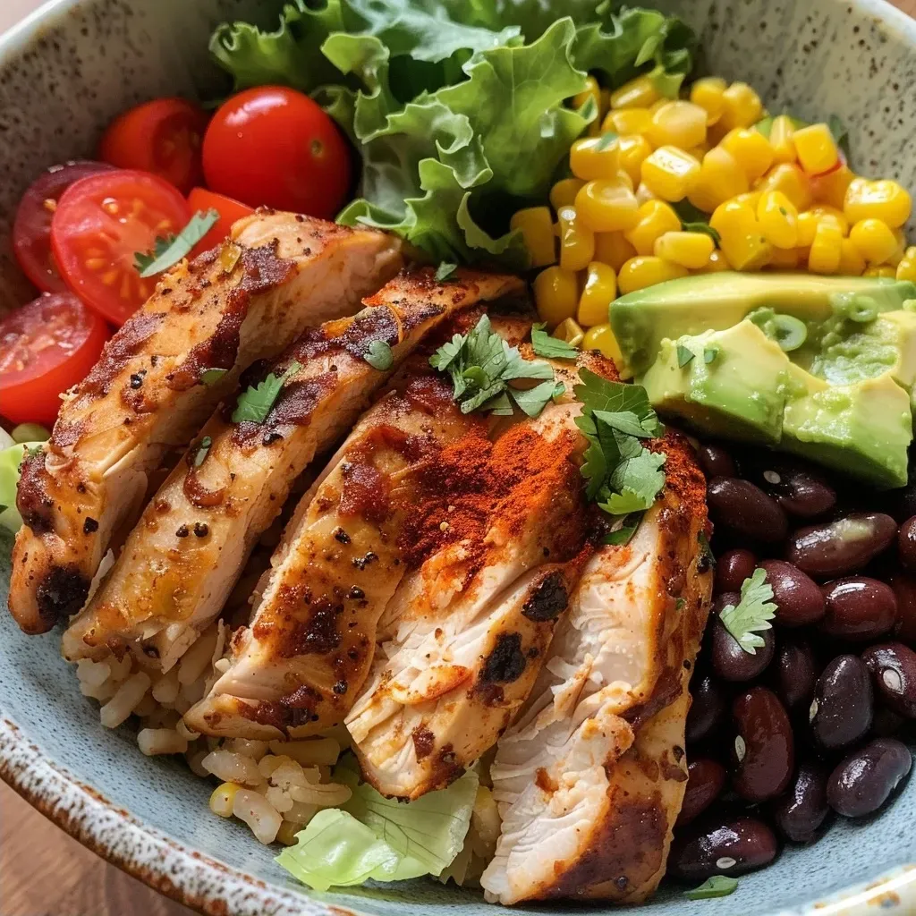 ['A vibrant bowl filled with healthy chicken taco ingredients including rice, beans, corn, and avocado.', 'Close-up shot of a chicken taco bowl showcasing colorful layers of fresh ingredients.', 'Delicious chicken taco bowl featuring cooked rice, grilled chicken, and fresh vegetables.', 'Side view of a healthy chicken taco bowl with various toppings like cherry tomatoes and lettuce.']