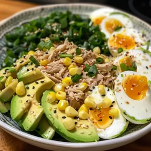 Close-up of a colorful Healthy Tuna Avocado Salad with eggs, showcasing diced avocado, sweet corn, and sliced spring onions.