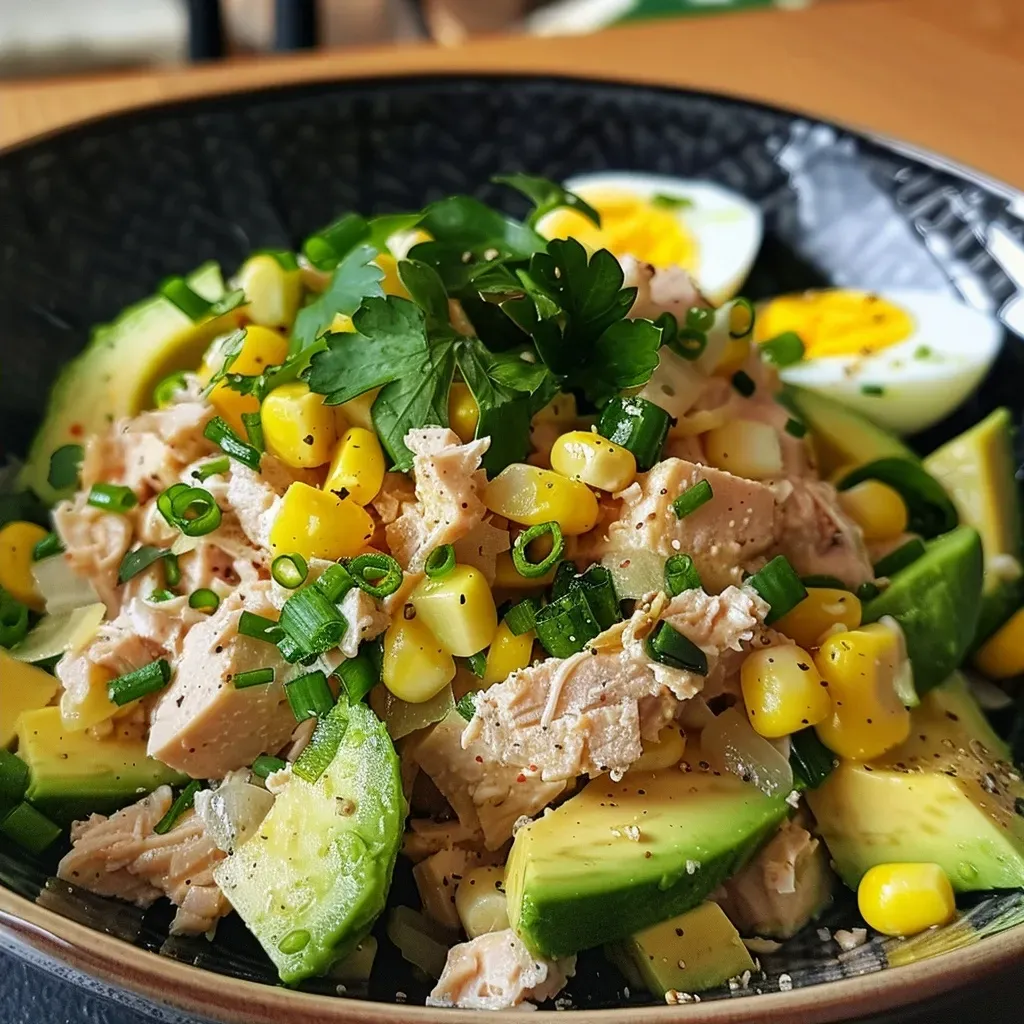 Close-up of a colorful Healthy Tuna Avocado Salad with eggs, showcasing diced avocado, sweet corn, and sliced spring onions.