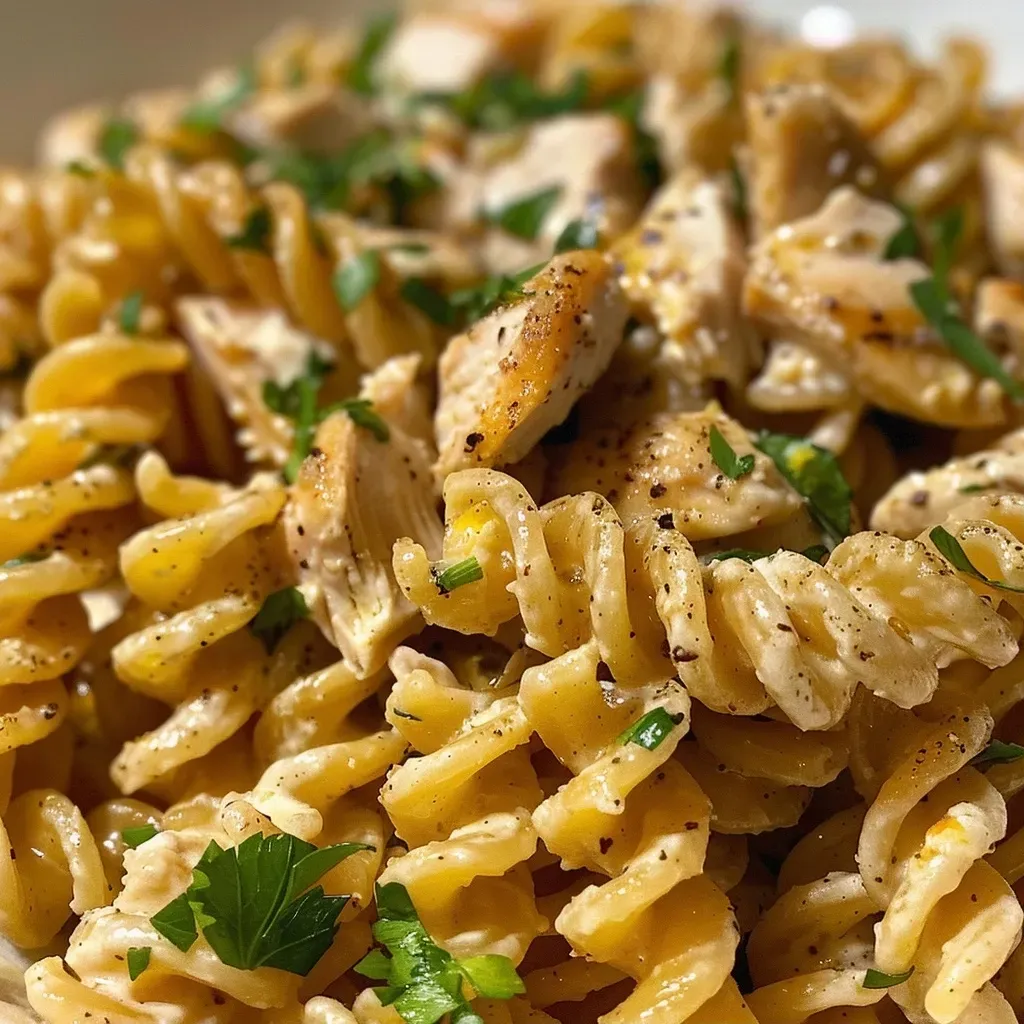 ['Close-up view of creamy Hidden Valley Ranch Chicken Pasta with rotini and parsley on top.', 'Side view of a bowl filled with Hidden Valley Ranch Chicken Pasta, showcasing its creamy texture and garnishes.', 'Juicy chicken pasta dish adorned with herbs, featuring rotini pasta and creamy ranch sauce.', 'Textured close-up of Hidden Valley Ranch Chicken Pasta, highlighting chicken pieces and creamy sauce.']