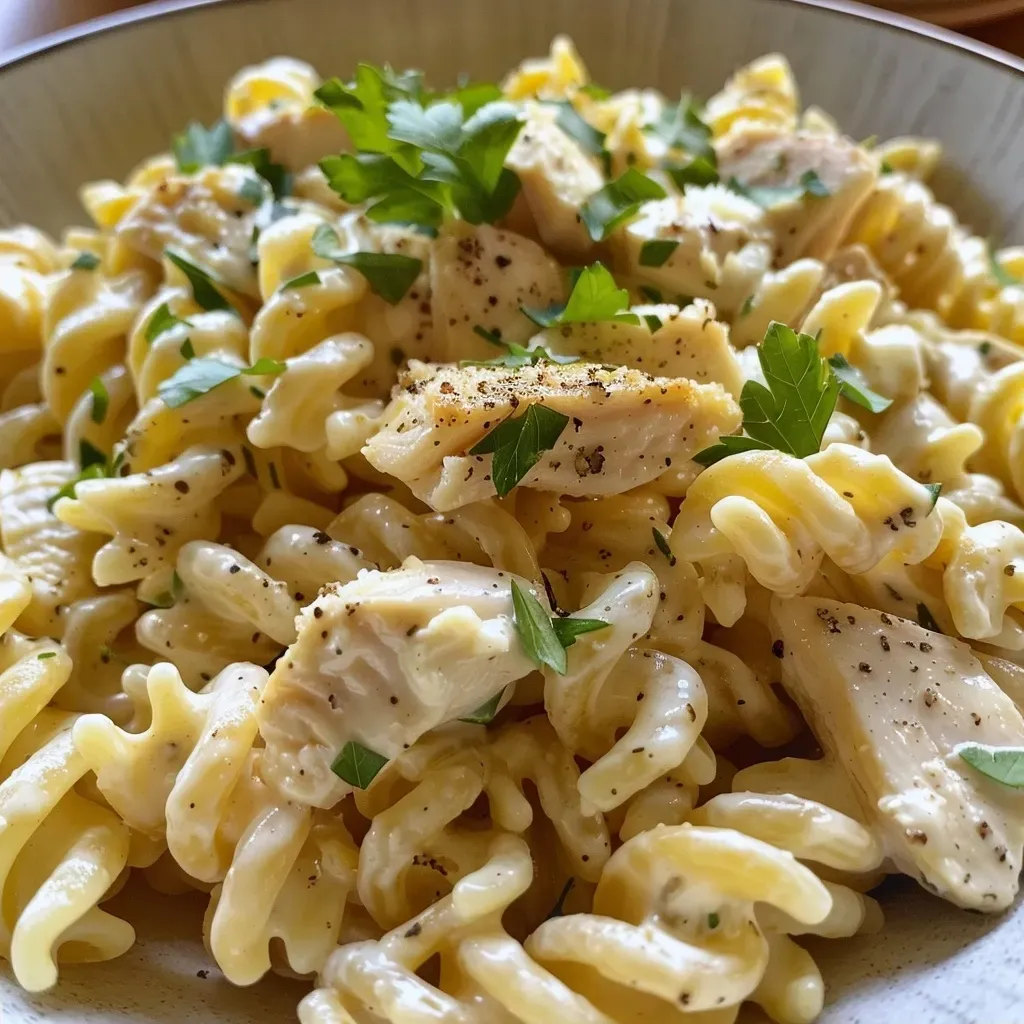 ['Close-up view of creamy Hidden Valley Ranch Chicken Pasta with rotini and parsley on top.', 'Side view of a bowl filled with Hidden Valley Ranch Chicken Pasta, showcasing its creamy texture and garnishes.', 'Juicy chicken pasta dish adorned with herbs, featuring rotini pasta and creamy ranch sauce.', 'Textured close-up of Hidden Valley Ranch Chicken Pasta, highlighting chicken pieces and creamy sauce.']