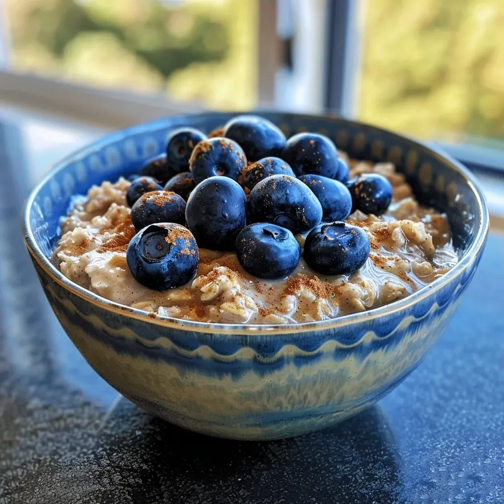 ['Close-up view of a vibrant high-protein blueberry oatmeal bowl topped with fresh blueberries.', 'Side angle of a colorful oatmeal bowl featuring blueberries and cottage cheese.', 'Detailed shot of a nutritious oatmeal bowl with blueberries, oats, and protein powder.', 'Artistic presentation of a high-protein blueberry oatmeal bowl with a creamy texture.']