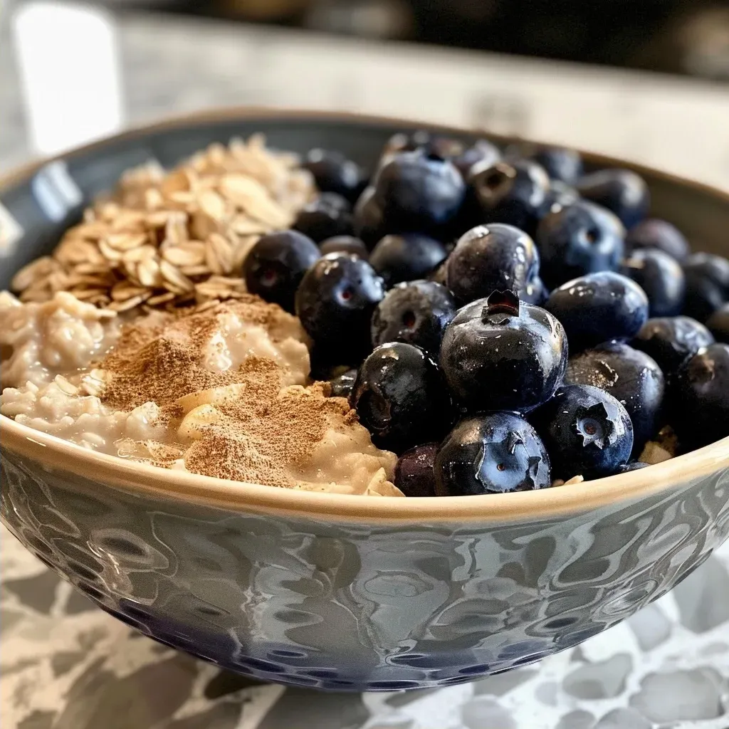 ['Close-up view of a vibrant high-protein blueberry oatmeal bowl topped with fresh blueberries.', 'Side angle of a colorful oatmeal bowl featuring blueberries and cottage cheese.', 'Detailed shot of a nutritious oatmeal bowl with blueberries, oats, and protein powder.', 'Artistic presentation of a high-protein blueberry oatmeal bowl with a creamy texture.']
