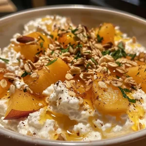 ['A close-up view of cottage cheese topped with diced peaches, granola, and a drizzle of honey.', 'A side view of a bowl of cottage cheese with fresh peach chunks, granola, and a sprinkle of cinnamon.', 'High-protein breakfast featuring cottage cheese and peach, garnished with honey and granola.', 'Delicious cottage cheese dish with juicy peaches and granola, presented in a bowl.']