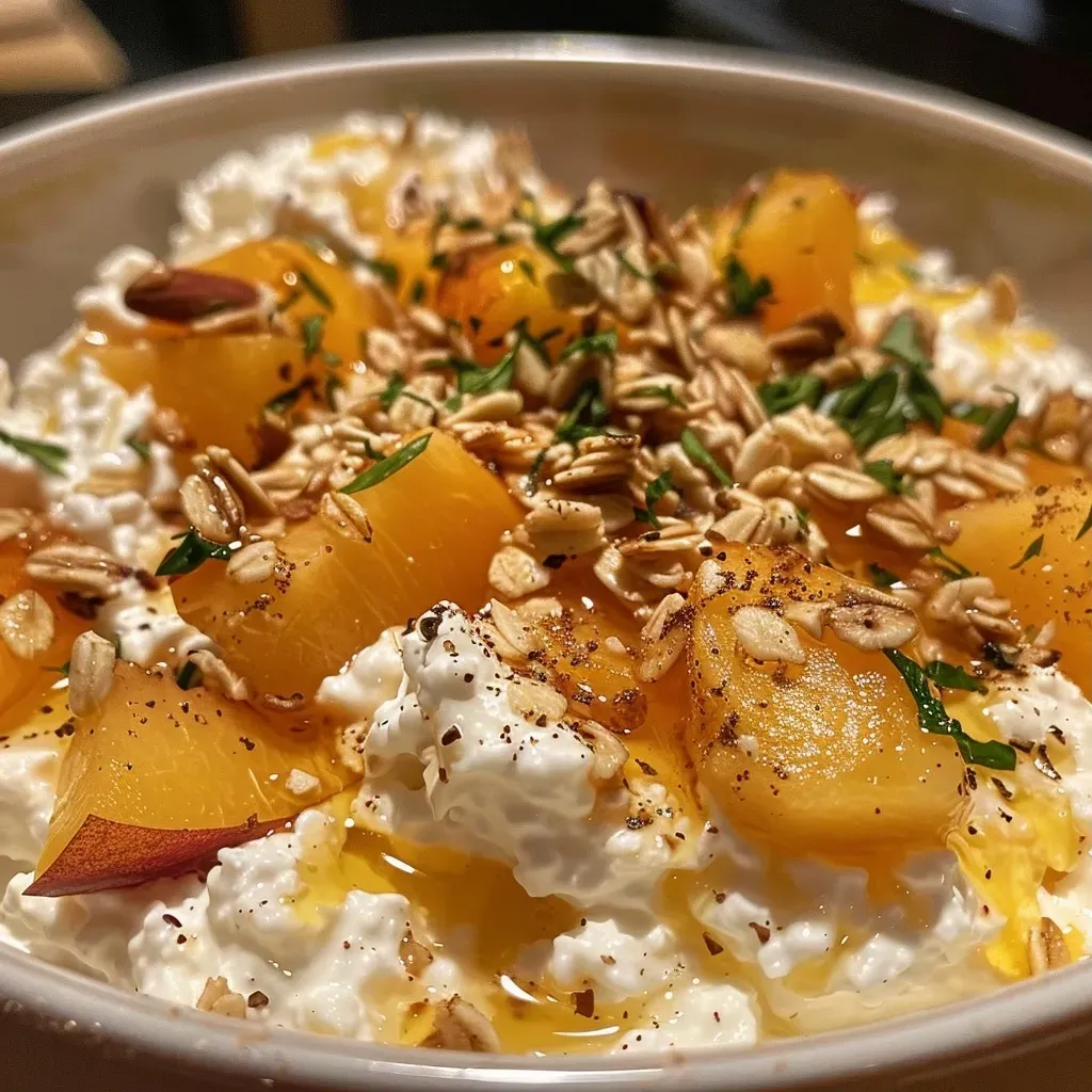 ['A close-up view of cottage cheese topped with diced peaches, granola, and a drizzle of honey.', 'A side view of a bowl of cottage cheese with fresh peach chunks, granola, and a sprinkle of cinnamon.', 'High-protein breakfast featuring cottage cheese and peach, garnished with honey and granola.', 'Delicious cottage cheese dish with juicy peaches and granola, presented in a bowl.']