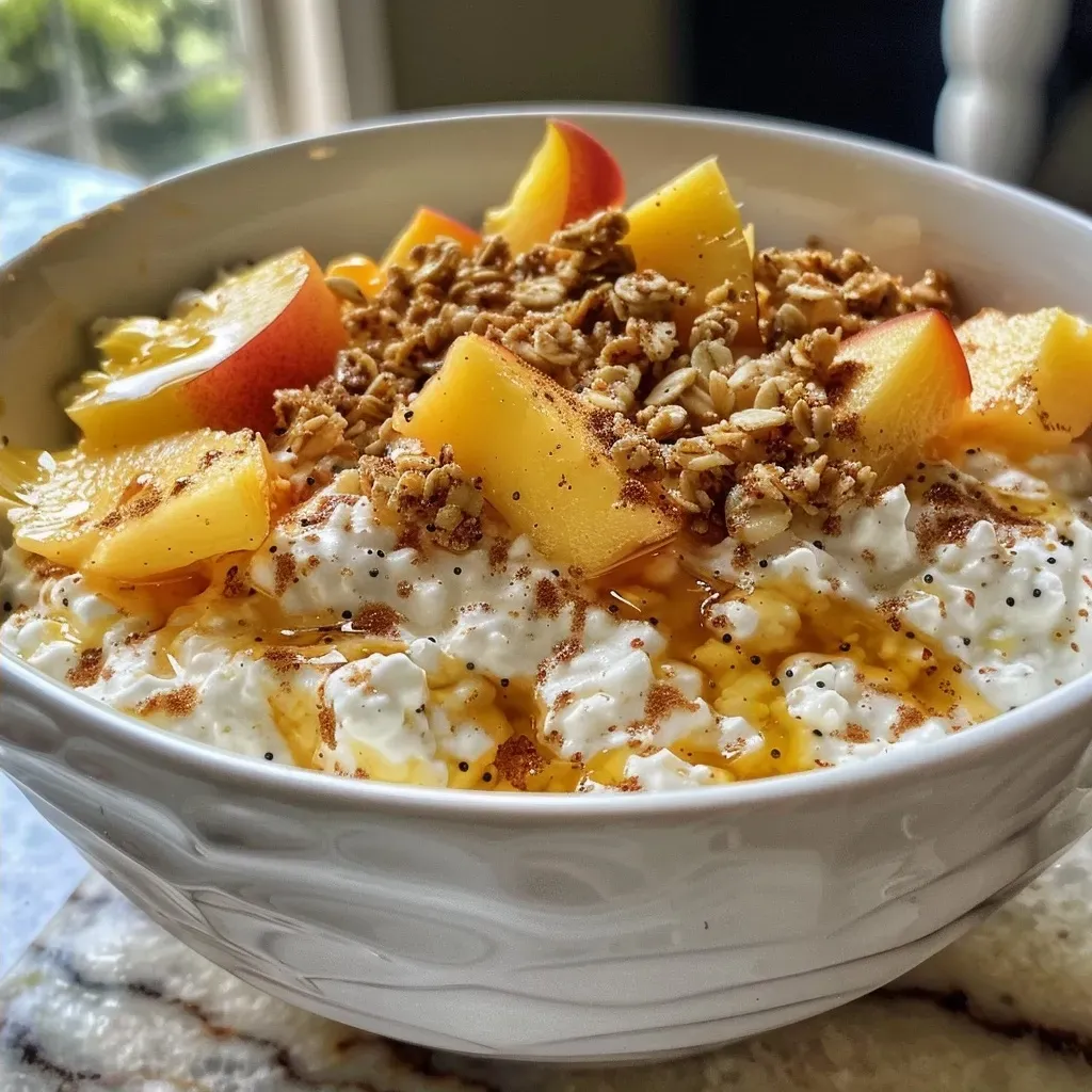 ['A close-up view of cottage cheese topped with diced peaches, granola, and a drizzle of honey.', 'A side view of a bowl of cottage cheese with fresh peach chunks, granola, and a sprinkle of cinnamon.', 'High-protein breakfast featuring cottage cheese and peach, garnished with honey and granola.', 'Delicious cottage cheese dish with juicy peaches and granola, presented in a bowl.']