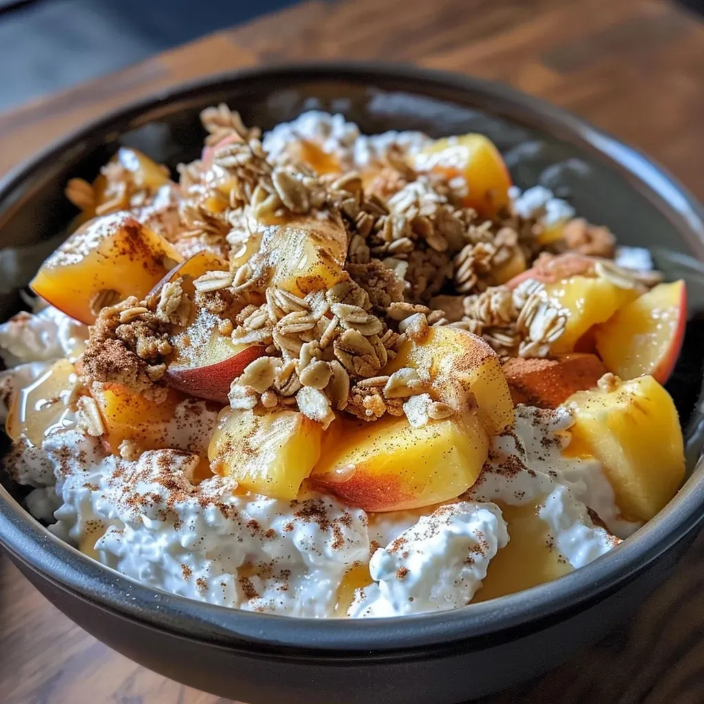 ['Close-up of a bowl filled with cottage cheese, diced peaches, granola, and a drizzle of honey.', 'Side view of a serving of cottage cheese topped with fresh peach chunks and granola.', 'A vibrant breakfast bowl featuring cottage cheese, peach pieces, and a sprinkle of cinnamon.', 'High-protein breakfast made with cottage cheese, peaches, and granola, presented in a bowl.']
