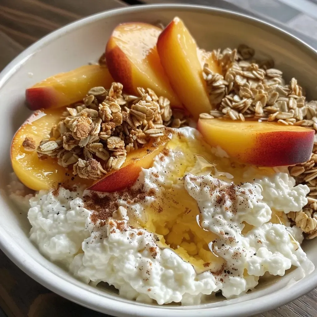['Close-up of a bowl filled with cottage cheese, diced peaches, granola, and a drizzle of honey.', 'Side view of a serving of cottage cheese topped with fresh peach chunks and granola.', 'A vibrant breakfast bowl featuring cottage cheese, peach pieces, and a sprinkle of cinnamon.', 'High-protein breakfast made with cottage cheese, peaches, and granola, presented in a bowl.']