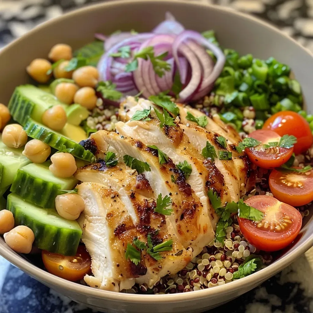 ['A colorful bowl filled with quinoa, grilled chicken, cucumbers, cherry tomatoes, and avocado.', 'Close-up of a high-protein chicken quinoa bowl with vibrant fresh ingredients like red onion and chickpeas.', 'A nutritious chicken quinoa bowl featuring grilled chicken, sliced avocado, and a lemon-herb vinaigrette.', 'Side view of a healthy quinoa bowl showcasing grilled chicken, cherry tomatoes, and assorted vegetables.']