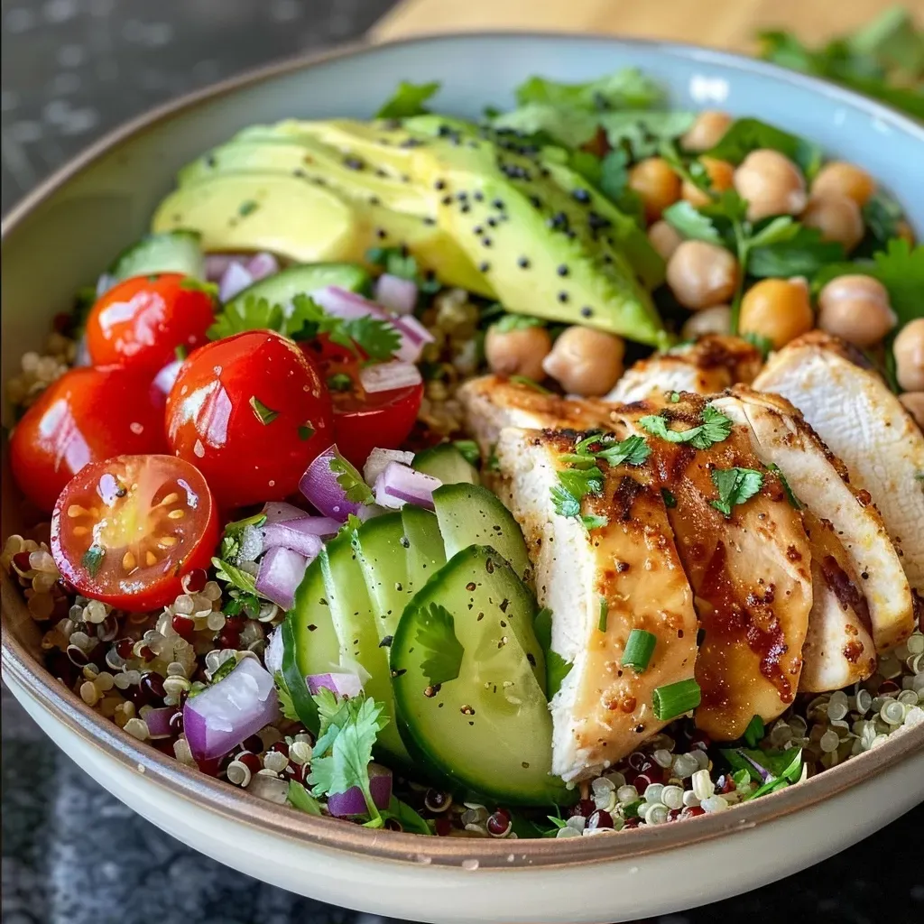['A colorful bowl filled with quinoa, grilled chicken, cucumbers, cherry tomatoes, and avocado.', 'Close-up of a high-protein chicken quinoa bowl with vibrant fresh ingredients like red onion and chickpeas.', 'A nutritious chicken quinoa bowl featuring grilled chicken, sliced avocado, and a lemon-herb vinaigrette.', 'Side view of a healthy quinoa bowl showcasing grilled chicken, cherry tomatoes, and assorted vegetables.']