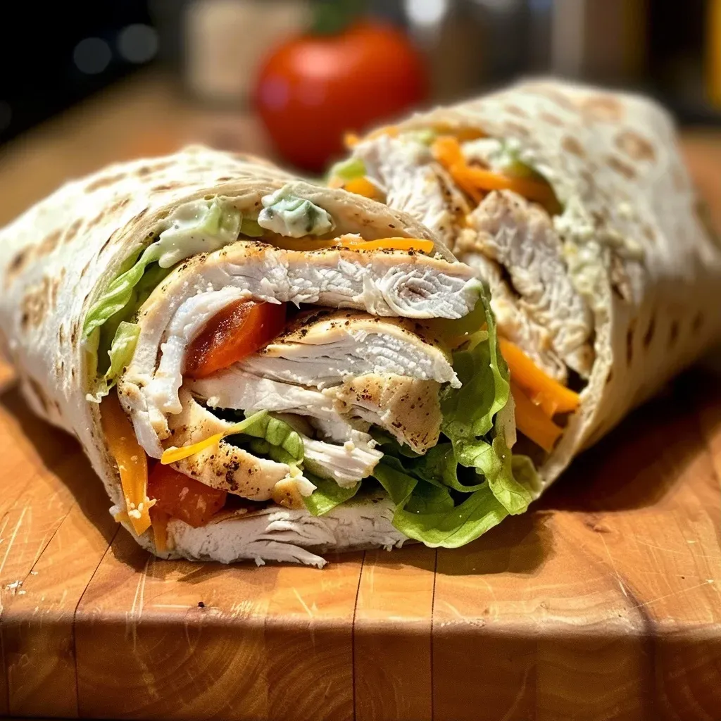 ['Close-up view of a High-Protein Chicken Ranch Snack Wrap on a plate.', 'Side view of a juicy chicken wrap with lettuce, cheese, and ranch dressing.', 'Deliciously prepared Chicken Ranch Snack Wrap showcasing its fresh ingredients.', 'A colorful High-Protein Chicken Ranch Snack Wrap with visible layers of filling.']