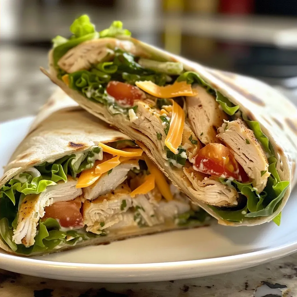 ['Close-up view of a High-Protein Chicken Ranch Snack Wrap on a plate.', 'Side view of a juicy chicken wrap with lettuce, cheese, and ranch dressing.', 'Deliciously prepared Chicken Ranch Snack Wrap showcasing its fresh ingredients.', 'A colorful High-Protein Chicken Ranch Snack Wrap with visible layers of filling.']