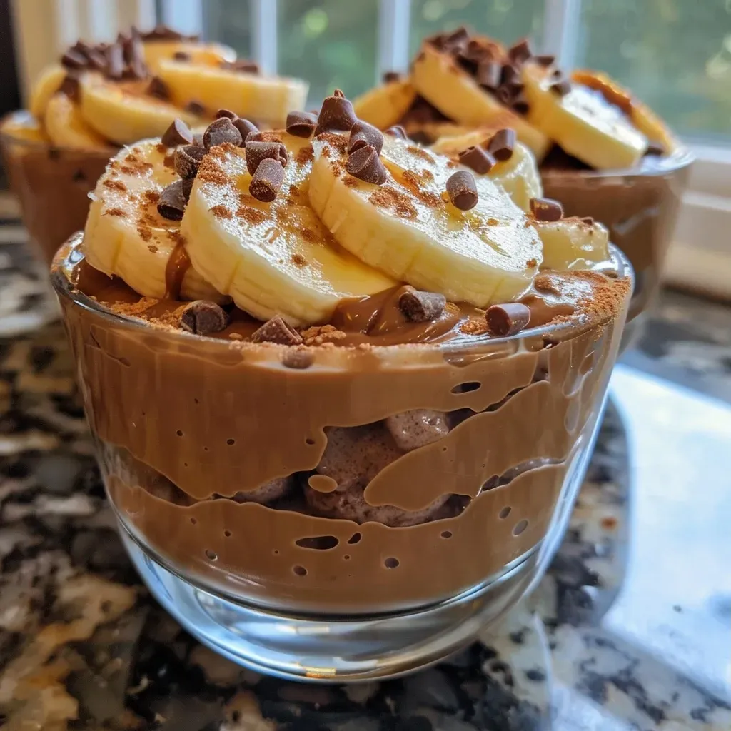 ['Close-up view of high protein chocolate banana pudding cups topped with peanut butter drizzle and dark chocolate shavings.', 'Side view of creamy chocolate banana pudding cups with a glossy peanut butter drizzle and banana slices on top.', 'Rich chocolate banana pudding served in clear cups, drizzled with peanut butter and garnished with chocolate shavings.', 'Delicious dessert featuring chocolate banana pudding cups with a peanut butter topping and optional banana slices.']