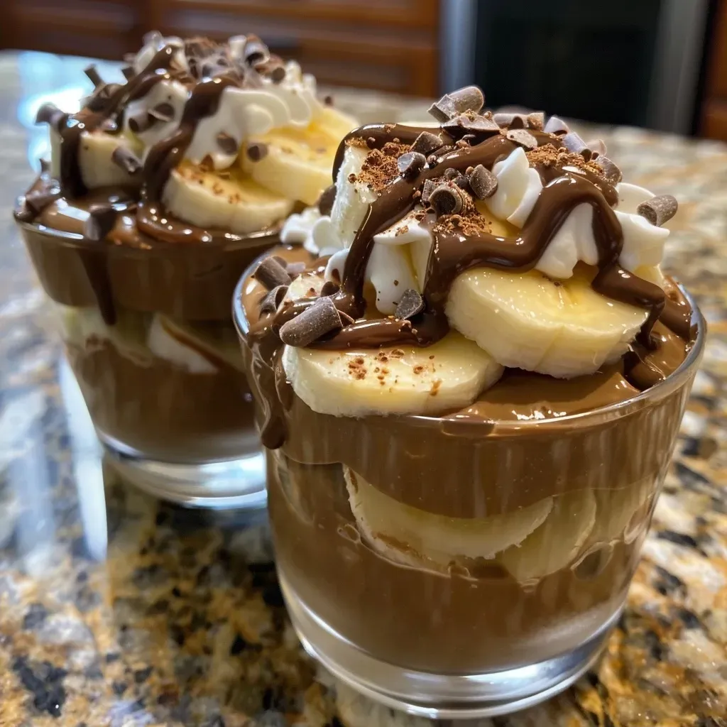 ['Close-up view of high protein chocolate banana pudding cups topped with peanut butter drizzle and dark chocolate shavings.', 'Side view of creamy chocolate banana pudding cups with a glossy peanut butter drizzle and banana slices on top.', 'Rich chocolate banana pudding served in clear cups, drizzled with peanut butter and garnished with chocolate shavings.', 'Delicious dessert featuring chocolate banana pudding cups with a peanut butter topping and optional banana slices.']