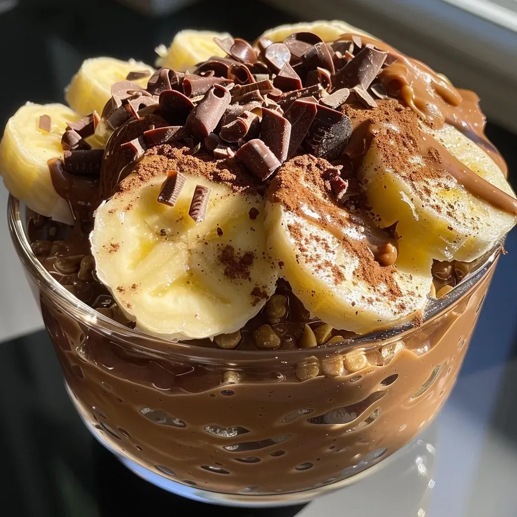 ['Close-up view of chocolate banana pudding cups with a peanut butter drizzle.', 'Side view of rich chocolate banana pudding topped with peanut butter and banana slices.', 'High protein chocolate banana pudding in a cup, drizzled with peanut butter.', 'Delicious chocolate banana pudding with a creamy peanut butter topping and dark chocolate shavings.']