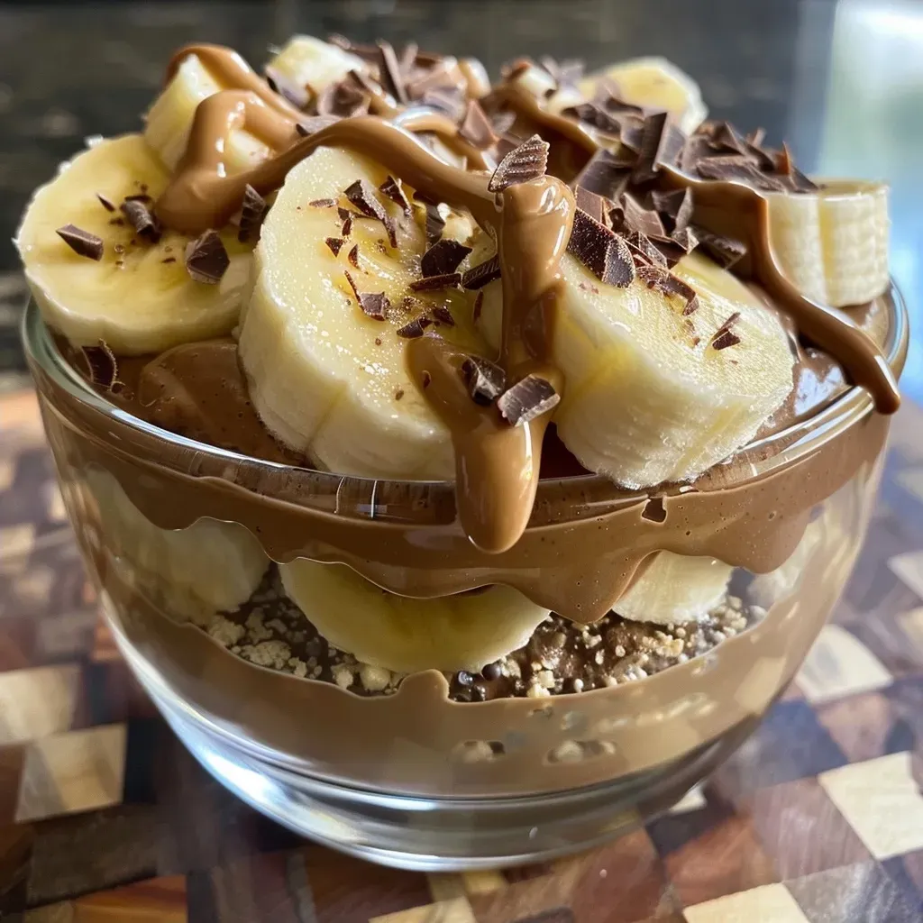 ['Close-up view of chocolate banana pudding cups with a peanut butter drizzle.', 'Side view of rich chocolate banana pudding topped with peanut butter and banana slices.', 'High protein chocolate banana pudding in a cup, drizzled with peanut butter.', 'Delicious chocolate banana pudding with a creamy peanut butter topping and dark chocolate shavings.']