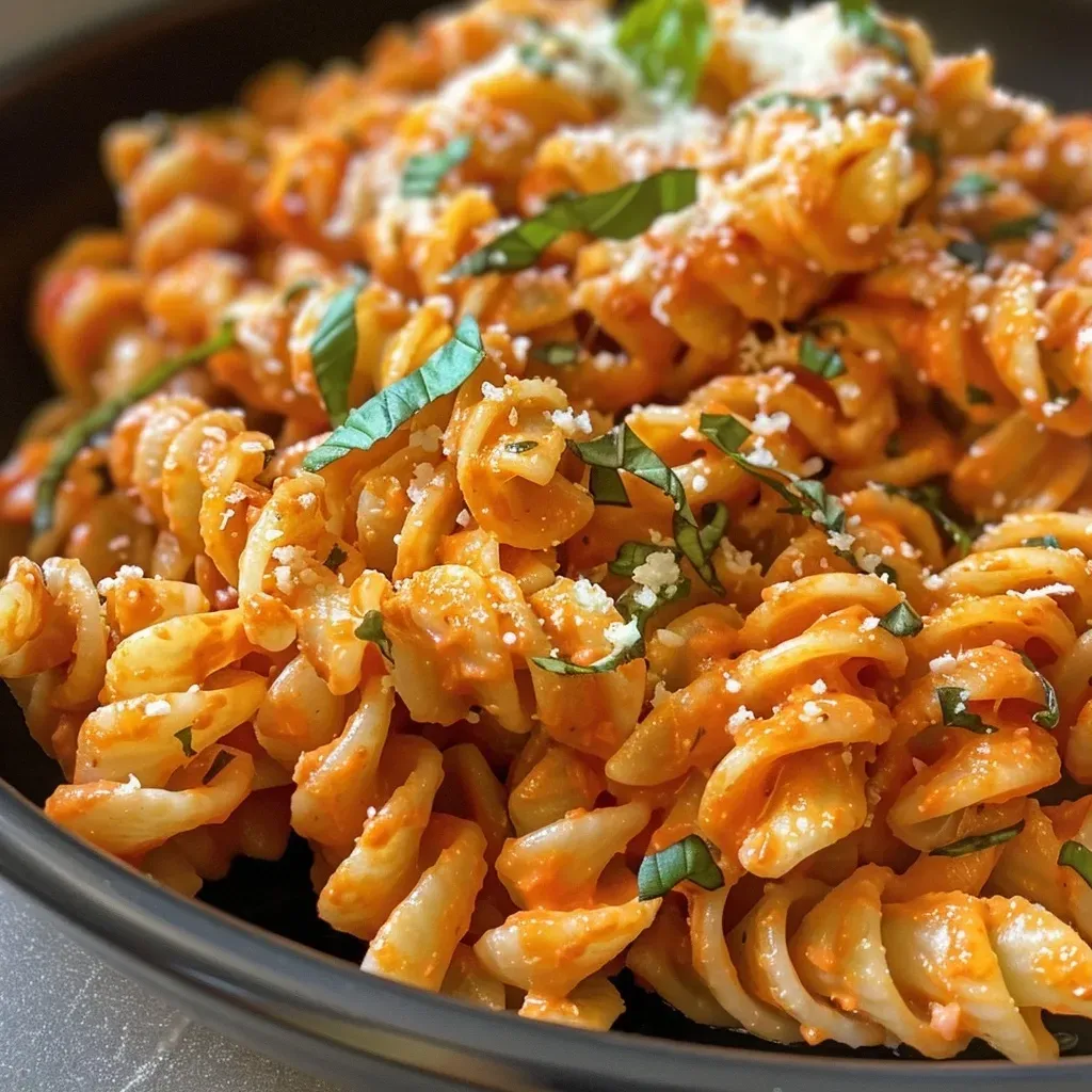 ['Close-up view of creamy roasted red pepper pasta with chickpea rotini.', 'Juicy High Protein Creamy Roasted Red Pepper Pasta garnished with fresh basil.', 'Bowl of vibrant red pepper pasta showcasing creamy texture and colorful ingredients.', 'Side view of plated roasted red pepper pasta, highlighting its rich and creamy sauce.']