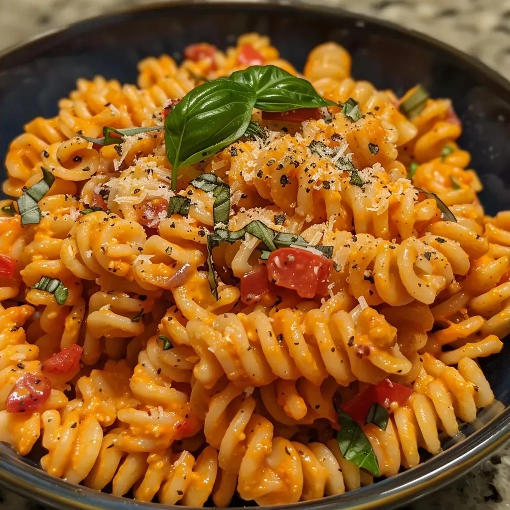 ['Close-up view of creamy roasted red pepper pasta with chickpea rotini.', 'Juicy High Protein Creamy Roasted Red Pepper Pasta garnished with fresh basil.', 'Bowl of vibrant red pepper pasta showcasing creamy texture and colorful ingredients.', 'Side view of plated roasted red pepper pasta, highlighting its rich and creamy sauce.']