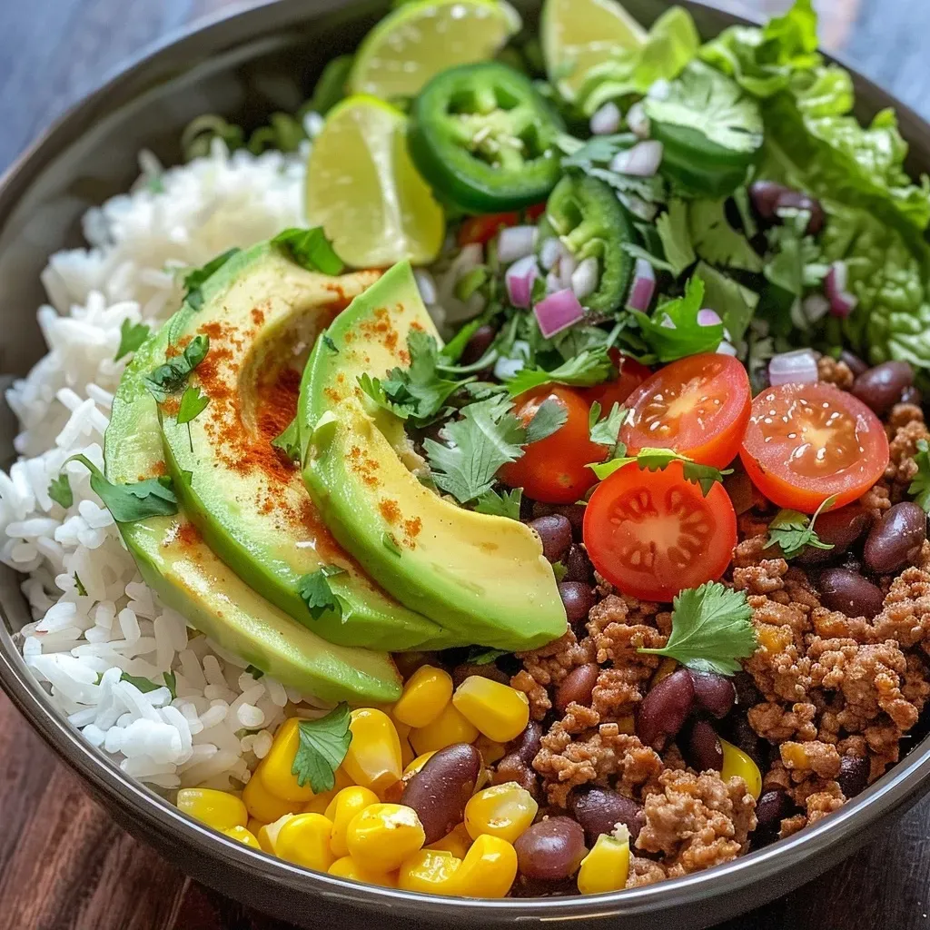 ['Close-up view of a taco bowl filled with ground beef, rice, and fresh toppings.', 'Side angle of a colorful taco bowl featuring ground beef and vibrant vegetables.', 'Juicy beef taco bowl with layers of rice, beans, and garnishes displayed in detail.', 'High-protein ground beef taco bowl visually appealing with various toppings and ingredients.']