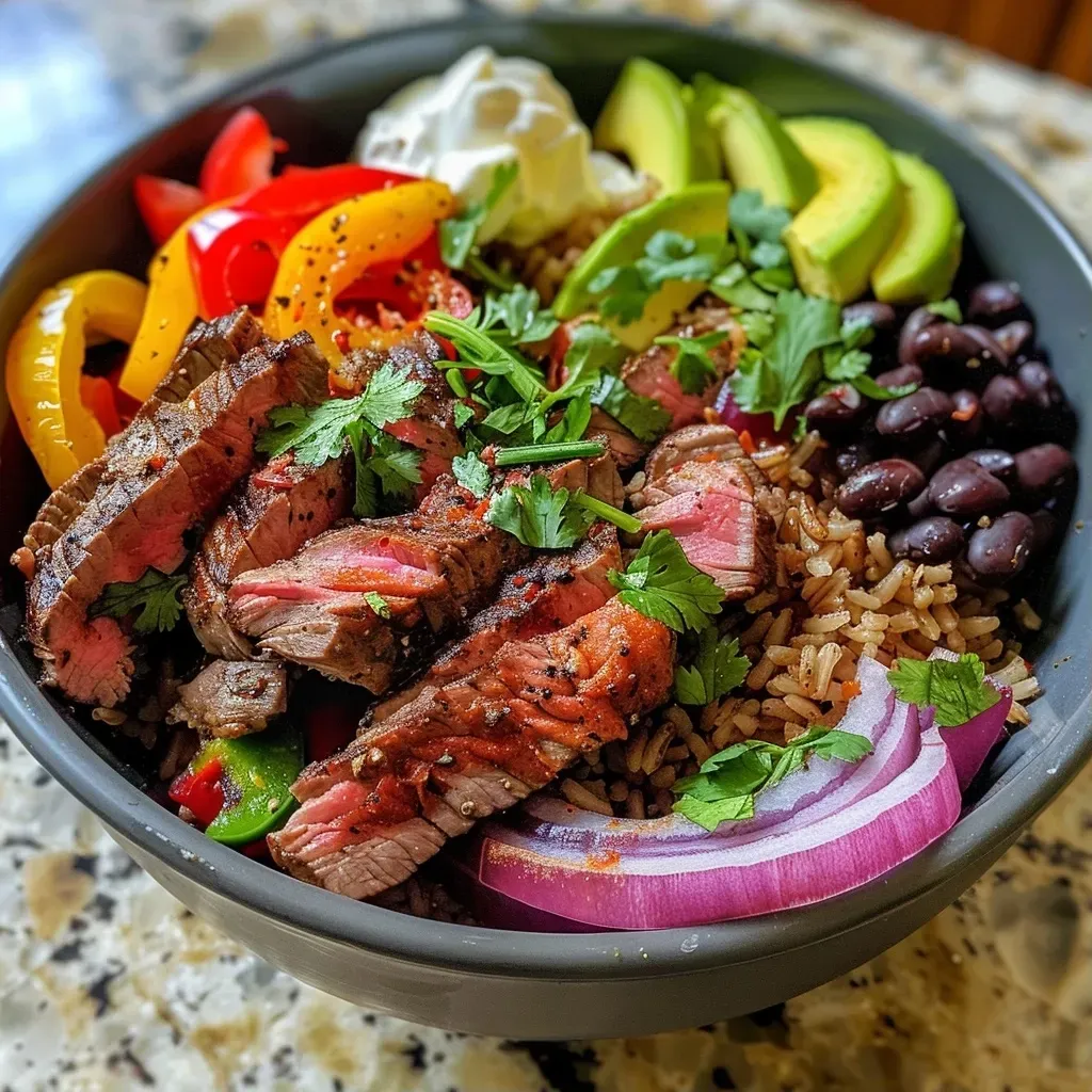 ['A close-up side view of a colorful steak fajita bowl filled with sliced steak, bell peppers, and avocado.', 'Juicy steak fajita bowl featuring vibrant vegetables and Greek yogurt, presented in a rustic bowl.', 'A delicious high-protein steak fajita bowl with brown rice, black beans, and fresh cilantro on top.', 'A satisfying bowl of steak fajitas, showcasing thinly sliced steak, peppers, and lime wedges.']