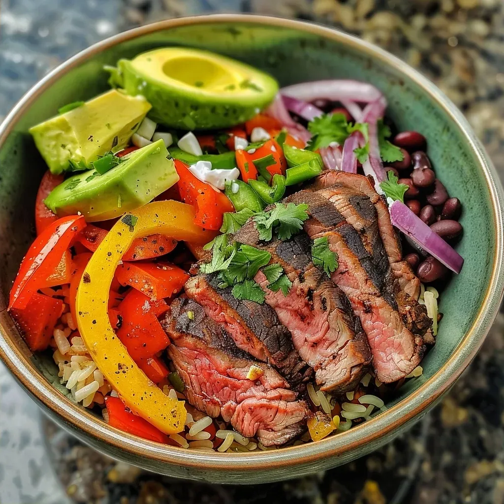 ['A close-up side view of a colorful steak fajita bowl filled with sliced steak, bell peppers, and avocado.', 'Juicy steak fajita bowl featuring vibrant vegetables and Greek yogurt, presented in a rustic bowl.', 'A delicious high-protein steak fajita bowl with brown rice, black beans, and fresh cilantro on top.', 'A satisfying bowl of steak fajitas, showcasing thinly sliced steak, peppers, and lime wedges.']