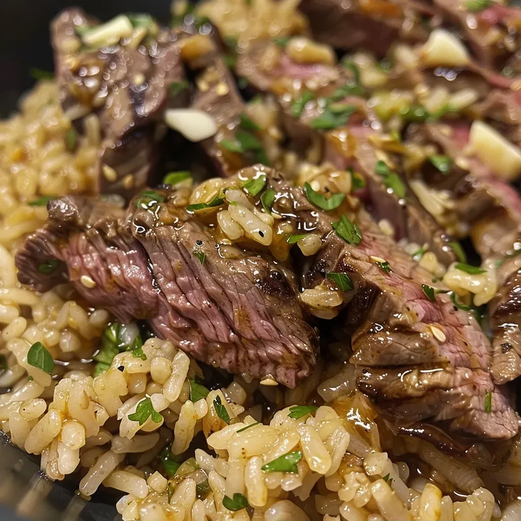 ['Close-up view of a honey garlic butter steak and rice skillet with juicy steak strips.', 'Side view of a delicious skillet featuring honey garlic butter steak and rice garnished with herbs.', 'Appetizing close-up shot of a hearty rice and steak dish glistening with honey garlic sauce.', 'Colorful presentation of honey garlic butter steak over rice in a skillet, showcasing tender meat.']