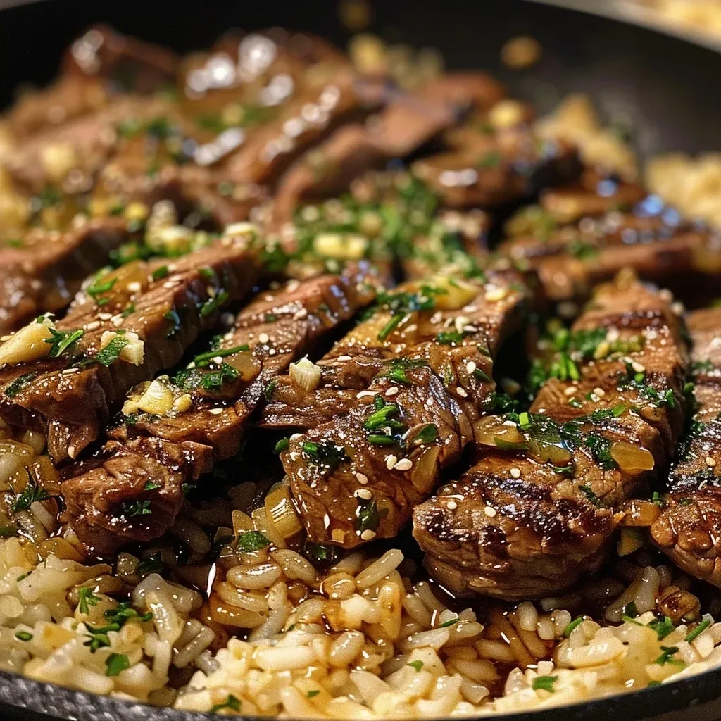['Close-up view of a honey garlic butter steak and rice skillet with juicy steak strips.', 'Side view of a delicious skillet featuring honey garlic butter steak and rice garnished with herbs.', 'Appetizing close-up shot of a hearty rice and steak dish glistening with honey garlic sauce.', 'Colorful presentation of honey garlic butter steak over rice in a skillet, showcasing tender meat.']