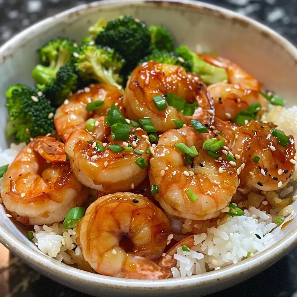 ['A close-up view of a colorful Honey Garlic Shrimp Bowl with shrimp, broccoli, and rice.', 'Juicy shrimp glazed with honey and garlic served over a bed of rice and broccoli in a bowl.', 'A side view of a Honey Garlic Shrimp Bowl showcasing shrimp, steamed broccoli, and green onions.', 'Detailed close-up of a vibrant Honey Garlic Shrimp Bowl featuring large shrimp and garnished with green onions.']
