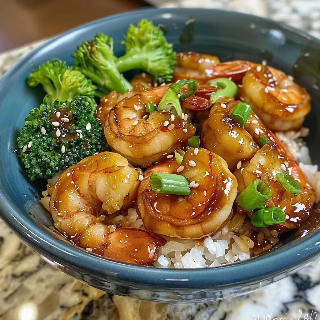 ['A close-up view of a colorful Honey Garlic Shrimp Bowl with shrimp, broccoli, and rice.', 'Juicy shrimp glazed with honey and garlic served over a bed of rice and broccoli in a bowl.', 'A side view of a Honey Garlic Shrimp Bowl showcasing shrimp, steamed broccoli, and green onions.', 'Detailed close-up of a vibrant Honey Garlic Shrimp Bowl featuring large shrimp and garnished with green onions.']