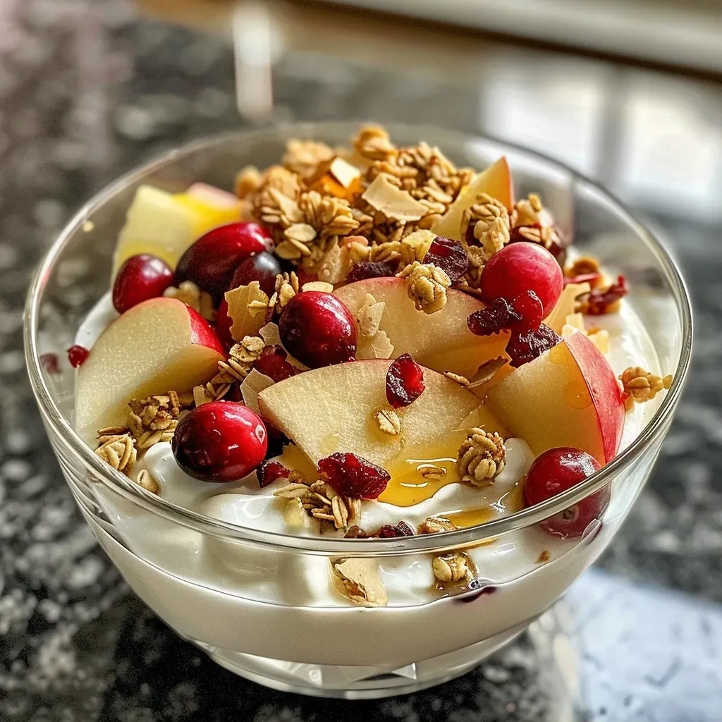 ['Close-up side view of a honey yogurt parfait layered with cranberry apple compote and granola.', 'Honey yogurt parfait showcasing vibrant layers of cranberry apple compote and crunchy granola.', 'Side profile of a delicious yogurt parfait featuring creamy yogurt, cranberry apple topping, and granola.', 'Juicy honey yogurt parfait displayed in a glass, revealing colorful layers of fruit compote and granola.']