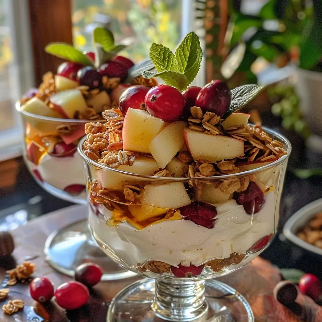 ['Close-up side view of a honey yogurt parfait layered with cranberry apple compote and granola.', 'Honey yogurt parfait showcasing vibrant layers of cranberry apple compote and crunchy granola.', 'Side profile of a delicious yogurt parfait featuring creamy yogurt, cranberry apple topping, and granola.', 'Juicy honey yogurt parfait displayed in a glass, revealing colorful layers of fruit compote and granola.']