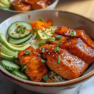 ['Close-up view of a vibrant hot honey garlic salmon bowl featuring colorful ingredients.', 'Detailed shot of a salmon bowl with cubes of salmon, avocado slices, and cucumber on top of cauliflower rice.', 'Side view of a hearty meal bowl showcasing salmon drizzled with honey sauce and garnished with chives.', 'Close-up of a gourmet salmon bowl filled with fresh vegetables and a honey garlic glaze.']