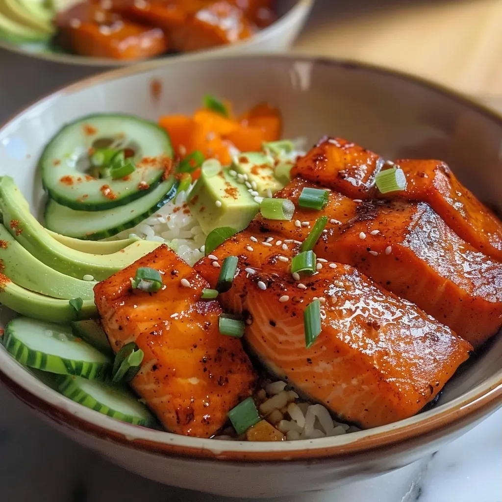['Close-up view of a vibrant hot honey garlic salmon bowl featuring colorful ingredients.', 'Detailed shot of a salmon bowl with cubes of salmon, avocado slices, and cucumber on top of cauliflower rice.', 'Side view of a hearty meal bowl showcasing salmon drizzled with honey sauce and garnished with chives.', 'Close-up of a gourmet salmon bowl filled with fresh vegetables and a honey garlic glaze.']