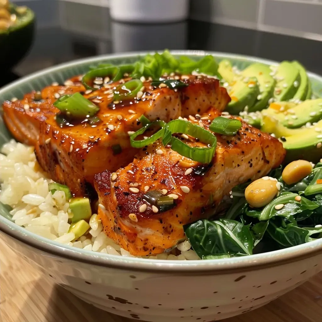 ['Close-up view of a vibrant hot honey garlic salmon bowl featuring colorful ingredients.', 'Detailed shot of a salmon bowl with cubes of salmon, avocado slices, and cucumber on top of cauliflower rice.', 'Side view of a hearty meal bowl showcasing salmon drizzled with honey sauce and garnished with chives.', 'Close-up of a gourmet salmon bowl filled with fresh vegetables and a honey garlic glaze.']