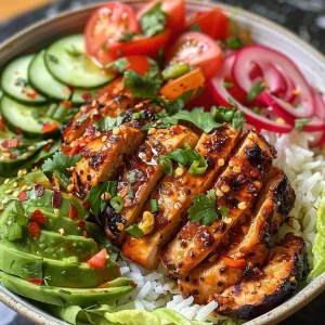 ['Close-up of a colorful Hot Honey Harissa Chicken Bowl with vibrant ingredients.', 'Side view of a delicious chicken bowl featuring hot honey harissa chicken and fresh vegetables.', 'Juicy Hot Honey Harissa Chicken Bowl with rice, avocado, and pickled onions.', 'A hearty bowl filled with hot honey harissa chicken, lettuce, and diced tomatoes.']