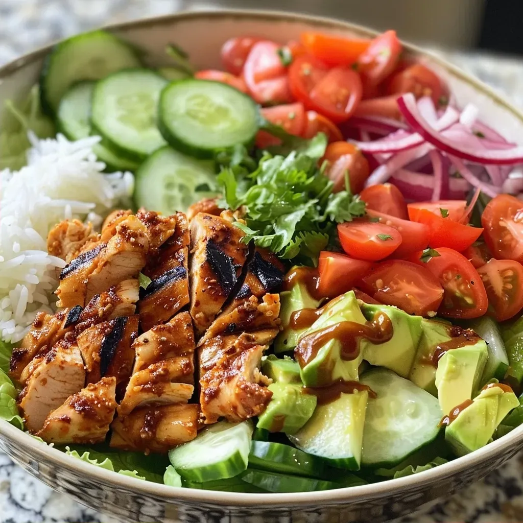 ['Close-up of a colorful Hot Honey Harissa Chicken Bowl with vibrant ingredients.', 'Side view of a delicious chicken bowl featuring hot honey harissa chicken and fresh vegetables.', 'Juicy Hot Honey Harissa Chicken Bowl with rice, avocado, and pickled onions.', 'A hearty bowl filled with hot honey harissa chicken, lettuce, and diced tomatoes.']