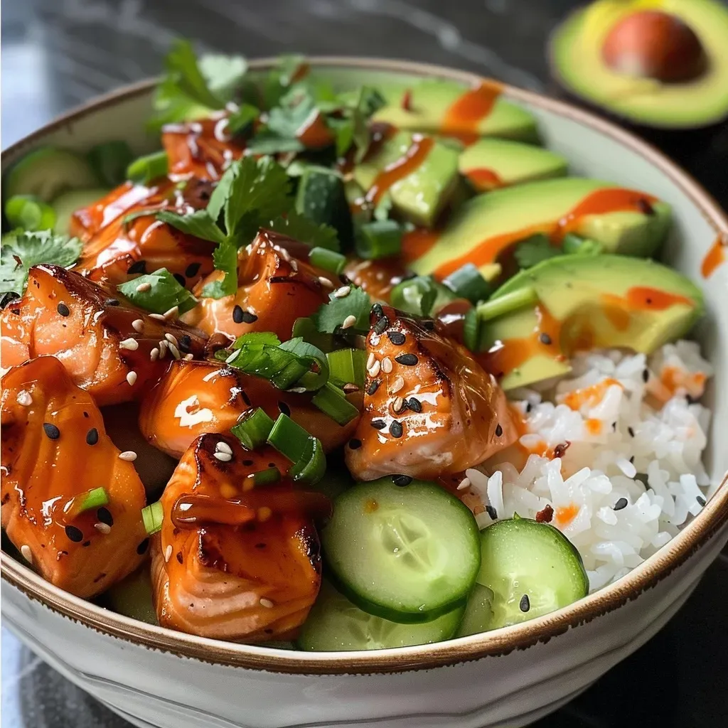 Close-up view of a bowl filled with Hot Honey Salmon, rice, diced cucumber, and avocado.