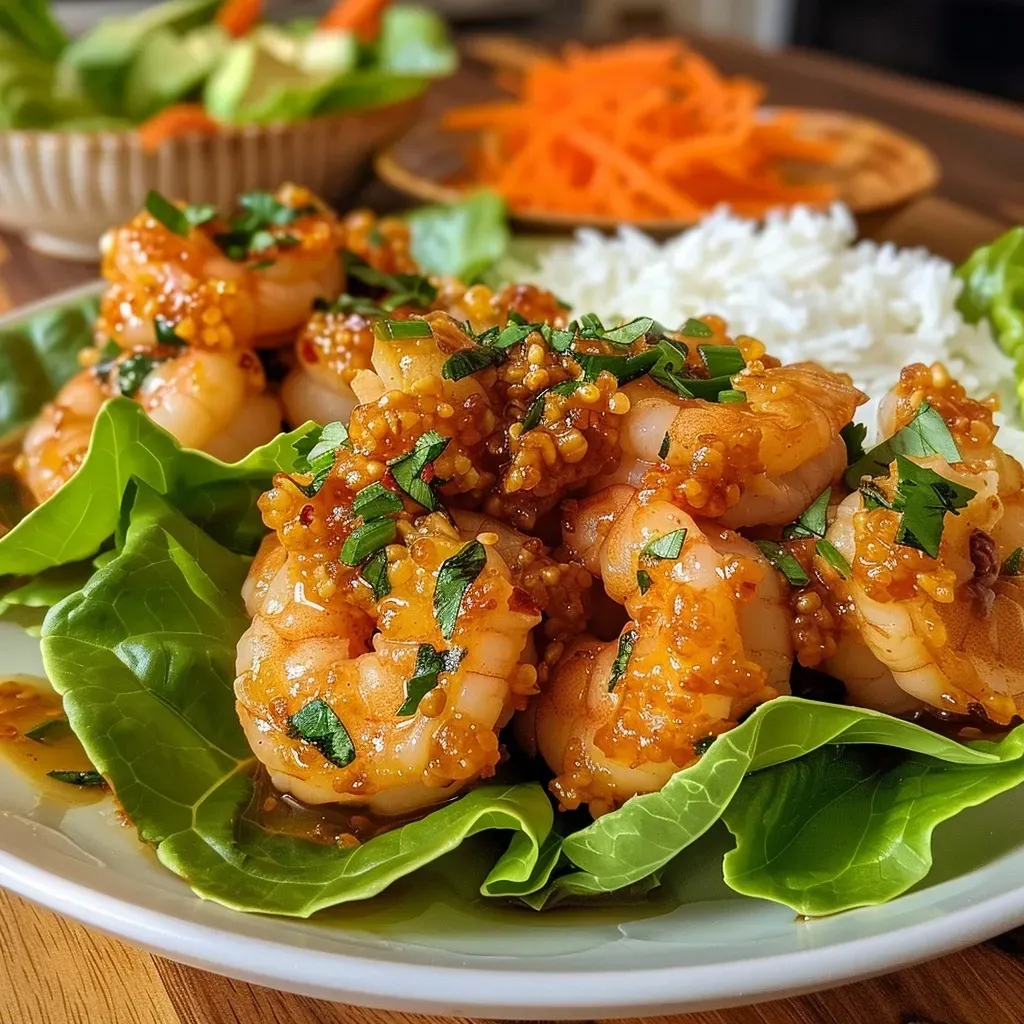 ['A close-up view of Hot Honey Shrimp Lettuce Wraps with vibrant colors and textures.', 'Juicy shrimp wrapped in fresh bibb lettuce topped with chili crunch and honey glaze.', 'Side view of lettuce wraps filled with shrimp, garnished with sliced carrots and cilantro.', 'Delicious shrimp lettuce wraps presented with optional avocado and quick pickled cucumbers.']