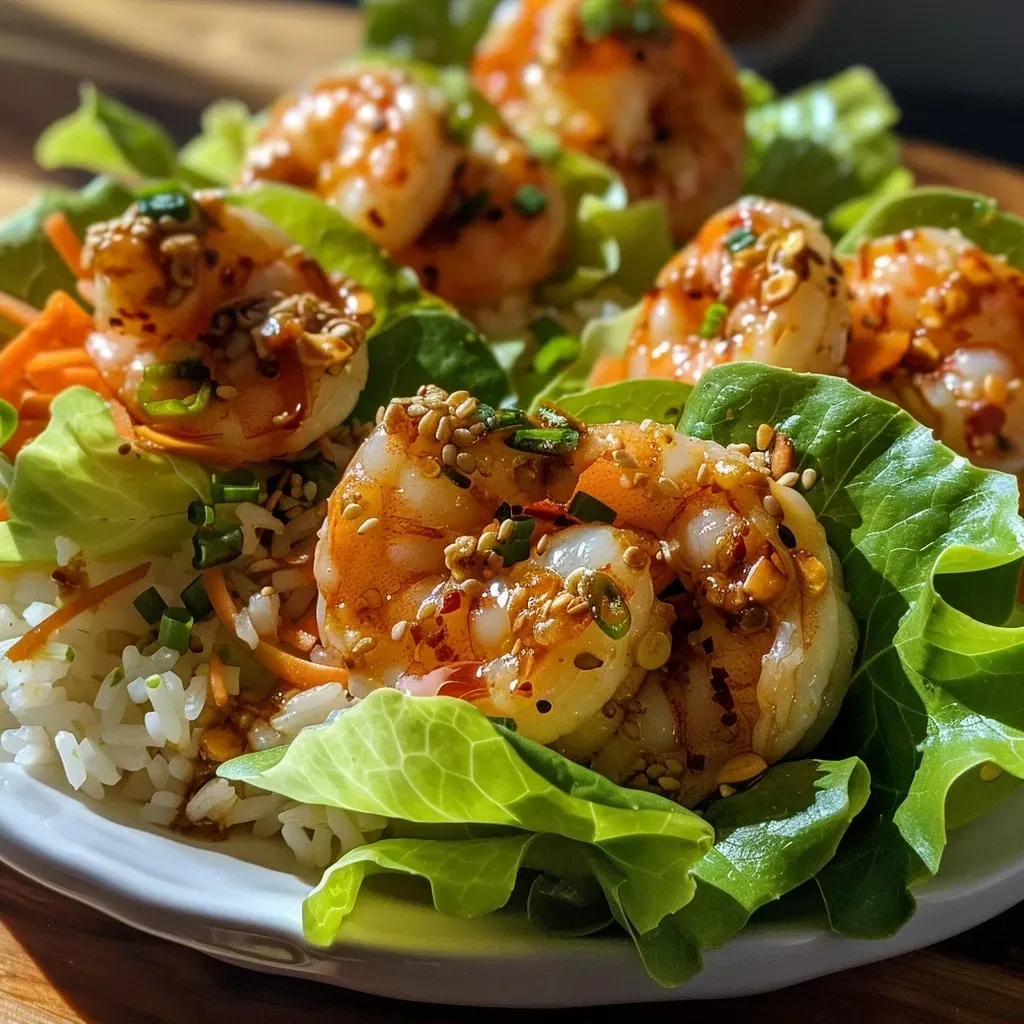 ['A close-up view of Hot Honey Shrimp Lettuce Wraps with vibrant colors and textures.', 'Juicy shrimp wrapped in fresh bibb lettuce topped with chili crunch and honey glaze.', 'Side view of lettuce wraps filled with shrimp, garnished with sliced carrots and cilantro.', 'Delicious shrimp lettuce wraps presented with optional avocado and quick pickled cucumbers.']