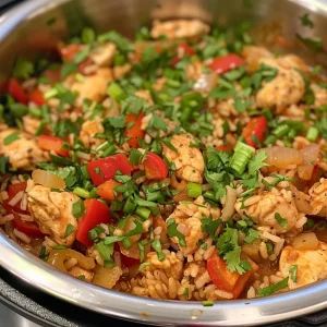 Close-up view of a bowl of Cajun chicken and rice, showcasing vibrant colors and textures.