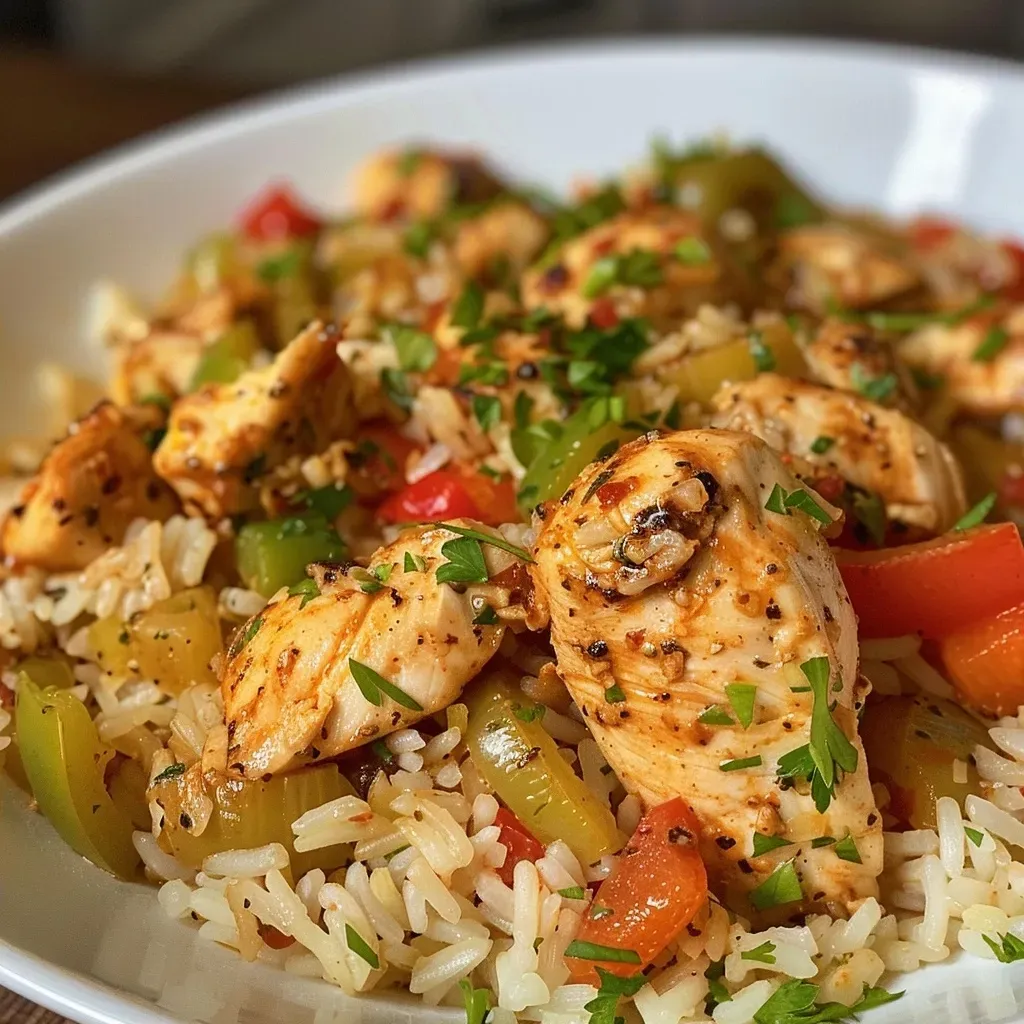 Close-up view of a bowl of Cajun chicken and rice, showcasing vibrant colors and textures.