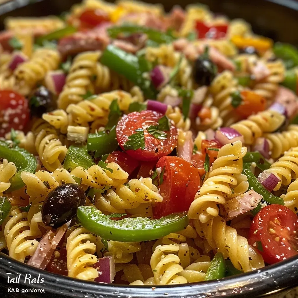 ['Colorful Italian Pasta Salad with rotini, cherry tomatoes, and olives displayed in a close-up shot.', 'A vibrant serving of Italian Pasta Salad featuring mixed vegetables and mozzarella, captured from the side.', 'Close-up view of a delicious Italian Pasta Salad with various ingredients, showcasing its fresh colors.', 'Thick rotini pasta salad mixed with peppers, salami, and cheese displayed in a close-up, appetizing view.']