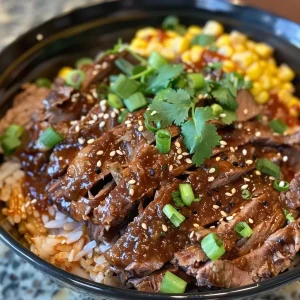 ['Close-up view of a Korean BBQ beef bowl topped with corn and creamy sauce.', 'Juicy slices of beef arranged in a bowl with corn and a drizzle of creamy sauce.', 'Vibrant Korean BBQ beef bowl featuring corn kernels and a rich creamy dressing.', 'Side view of a delicious Korean BBQ beef bowl with colorful toppings and sauce.']