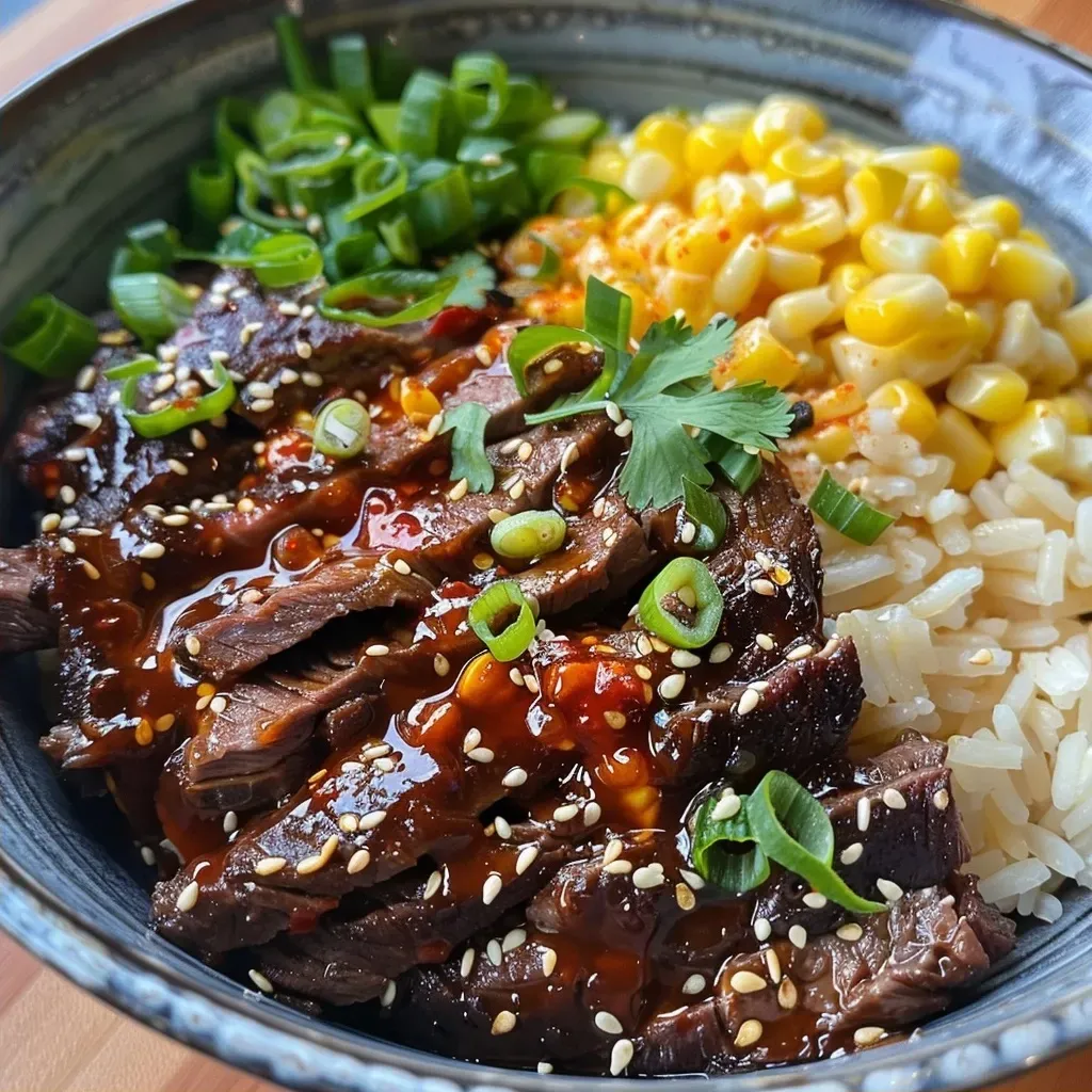 ['Close-up view of a Korean BBQ beef bowl topped with corn and creamy sauce.', 'Juicy slices of beef arranged in a bowl with corn and a drizzle of creamy sauce.', 'Vibrant Korean BBQ beef bowl featuring corn kernels and a rich creamy dressing.', 'Side view of a delicious Korean BBQ beef bowl with colorful toppings and sauce.']
