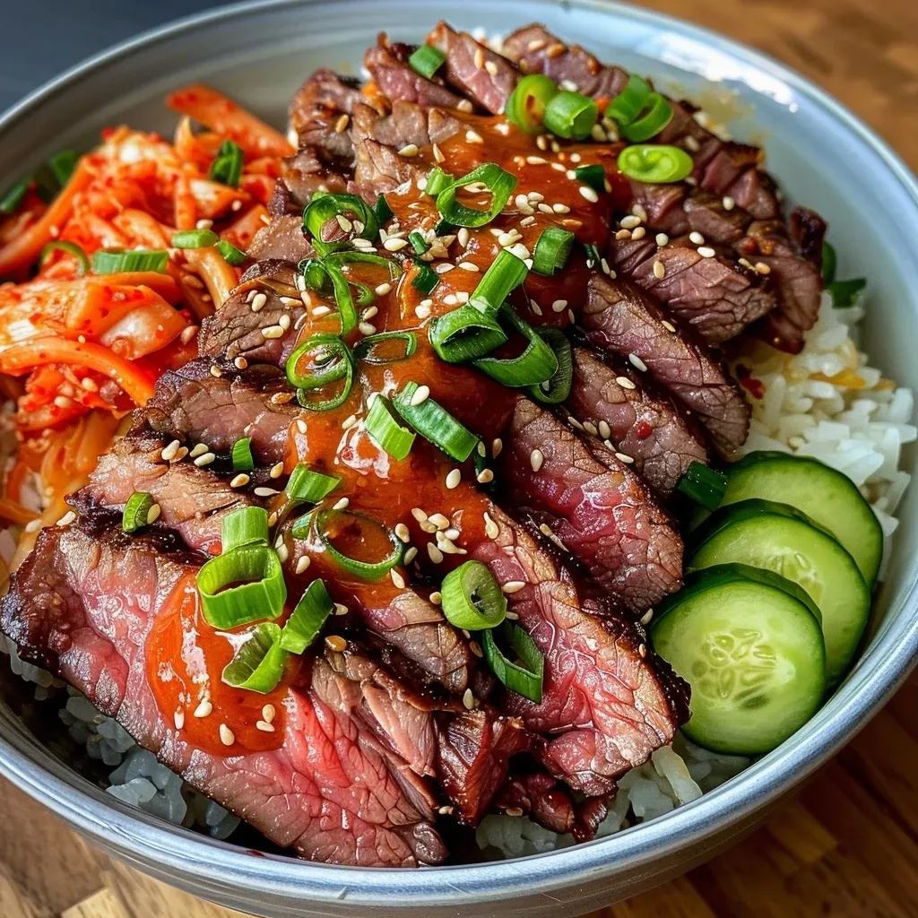 ['Close-up of a colorful Korean BBQ steak rice bowl with garnishes.', 'Side view of a hearty Korean BBQ steak rice bowl featuring fresh vegetables.', 'Juicy slices of flank steak atop a bed of rice, with vibrant veggies and sesame seeds.', 'Delicious Korean BBQ steak rice bowl loaded with cucumbers, carrots, and green onions.']